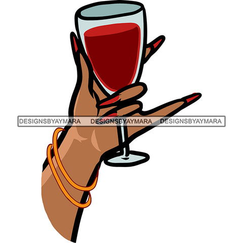African American Woman Hand Holding Wine Glass Swag Hand Sign Design Element White Background Long Nail Vector SVG JPG PNG Vector Clipart Cricut Silhouette Cut Cutting