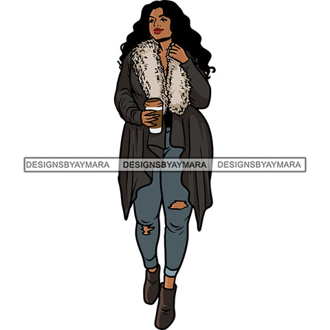 African American Woman Standing And Model Woman Walking Vector White Background Curly Long Hairstyle SVG JPG PNG Vector Clipart Cricut Silhouette Cut Cutting