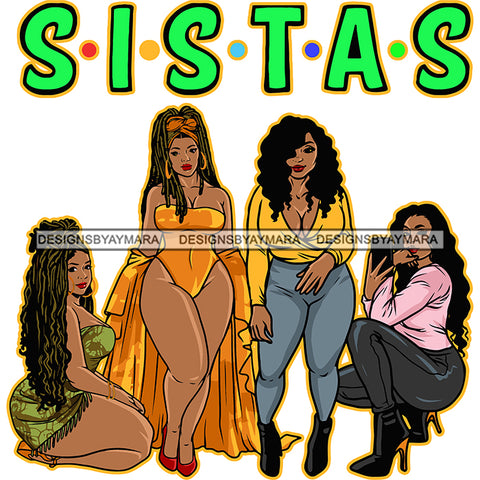 Sister Quote Plus Size Woman Standing And Sitting Pose Girls Squad Vector Design Element Long And Curly Hairstyle White Background SVG JPG PNG Vector Clipart Cricut Silhouette Cut Cutting