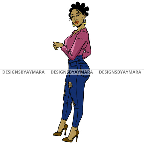 Afro Urban Fashionista Goddess Heels Attractive Black Woman Hoop Earrings Sexy Bantu Knots Hair Style  SVG Cutting Files For Silhouette Cricut