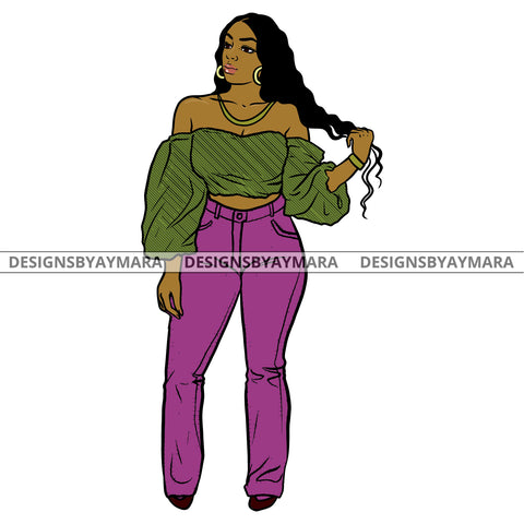Afro Urban Fashionista Goddess Heels Attractive Black Woman Hoop Earrings Sexy Long Wavy Hair Style  SVG Cutting Files For Silhouette Cricut