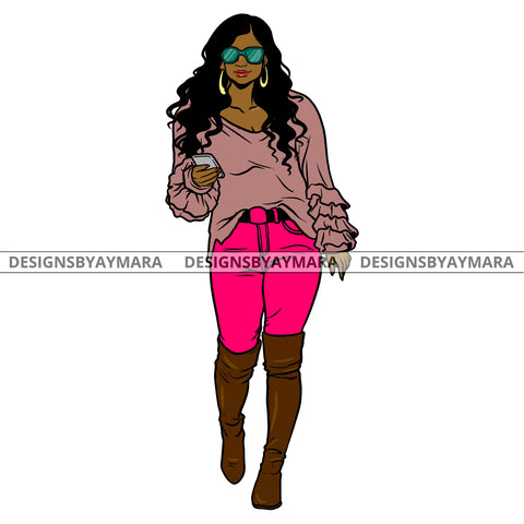 Afro Urban Fashionista Goddess High Boots Attractive Black Woman Sunglasses Hoop Earrings Sexy Curly Long Hair Style  SVG Cutting Files For Silhouette Cricut