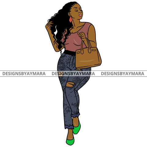 Afro Urban Fashionista Goddess Heels Attractive Black Woman Purse Earrings Sexy Curly Long Hair Style  SVG Cutting Files For Silhouette Cricut