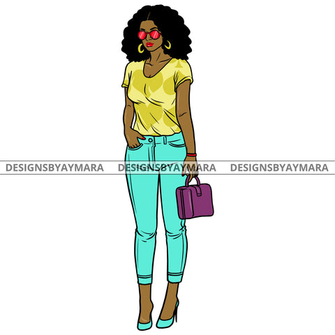 Afro Urban Fashionista Goddess Heels Attractive Black Woman Hoop Earrings Sexy Sunglasses Curly Long Hair Style  SVG Cutting Files For Silhouette Cricut