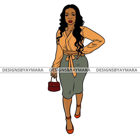 Afro Urban Fashionista Goddess Heels Attractive Black Woman Purse Sexy Long Wavy Hair Style  SVG Cutting Files For Silhouette Cricut