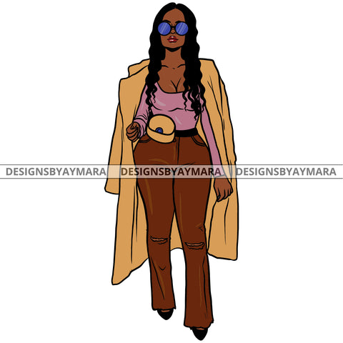 Afro Urban Fashionista Goddess Heels Attractive Black Woman Sunglasses Coat Sexy Long Wavy Hair Style  SVG Cutting Files For Silhouette Cricut