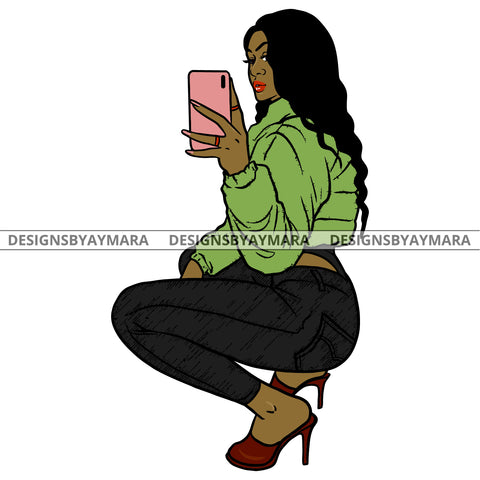 Afro Urban Fashionista Goddess Attractive Black Woman Squatting Selfie Heels Sexy Long Wavy Hair Style  SVG Cutting Files For Silhouette Cricut