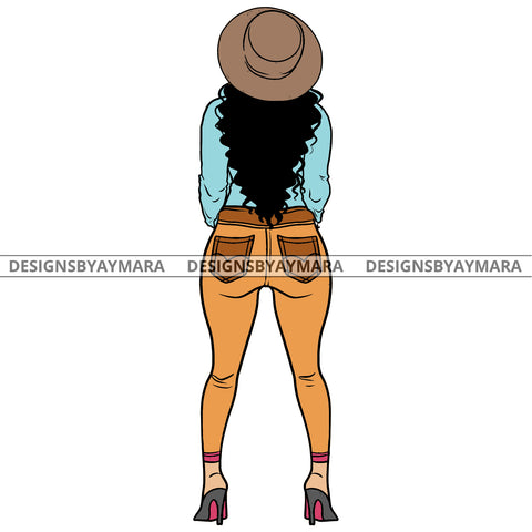 Afro Urban Fashionista Goddess Heels Back Pose Attractive Hat Black Woman Sexy Curly  Long Hair Style  SVG Cutting Files For Silhouette Cricut