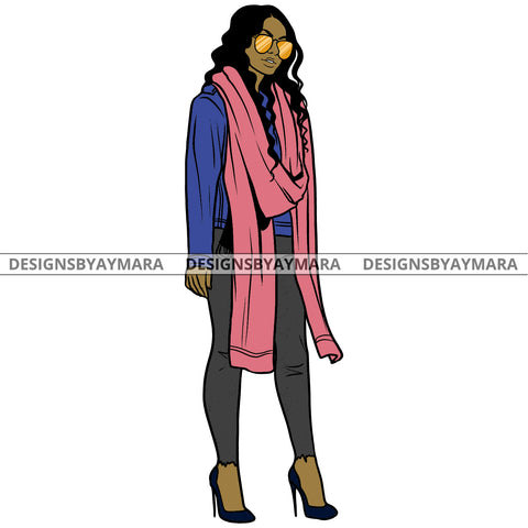 Afro Urban Fashionista Goddess Heels Attractive Black Woman Sunglasses Scarf Sexy Long Wavy Hair Style  SVG Cutting Files For Silhouette Cricut