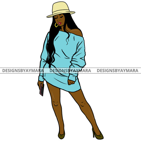 Afro Urban Fashionista Goddess Heels Attractive Black Woman Hat Sexy Long Wavy Hair Style  SVG Cutting Files For Silhouette Cricut