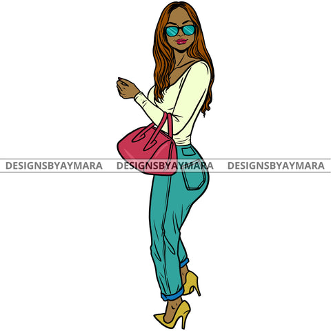 Afro Urban Fashionista Goddess Heels Attractive Black Woman Sunglasses Purse Sexy Long Curly Hair Style  SVG Cutting Files For Silhouette Cricut