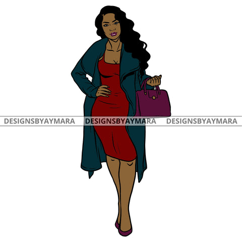 Afro Urban Fashionista Goddess Heels Attractive Black Woman Coat Sexy Long Curly Hair Style  SVG Cutting Files For Silhouette Cricut