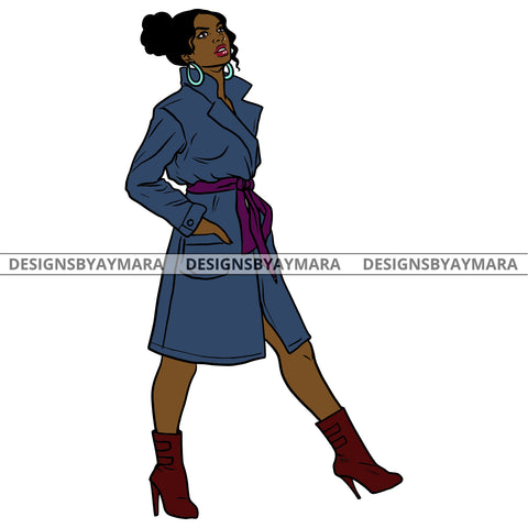 Afro Urban Fashionista Goddess Heels Attractive Black Woman Coat Sexy Bun Hair Style  SVG Cutting Files For Silhouette Cricut