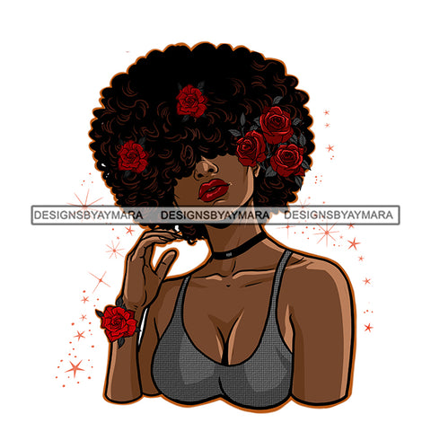 Beautiful Black Woman Big Afro Hair Afro Red Roses  JPG PNG Vector Clipart Cricut Silhouette Cut Cutting
