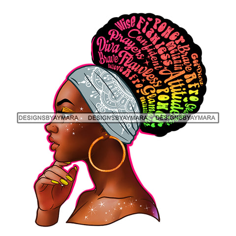 Inspirational Black Woman Pink Words In Hair Gray Headwrap Flawless Power Attitude JPG PNG Vector Clipart Cricut Silhouette Cut Cutting