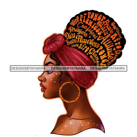 Inspirational Black Woman Gold Words In Hair Pink Headwrap Flawless Power Attitude JPG PNG Vector Clipart Cricut Silhouette Cut Cutting
