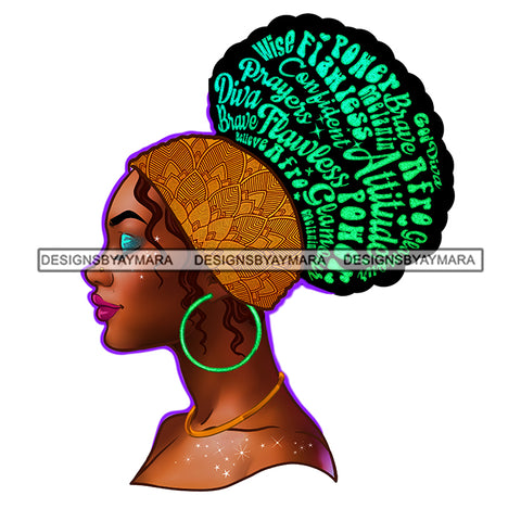 Inspirational Black Woman Green Words In Hair Gold Headwrap Flawless Power Attitude JPG PNG Vector Clipart Cricut Silhouette Cut Cutting