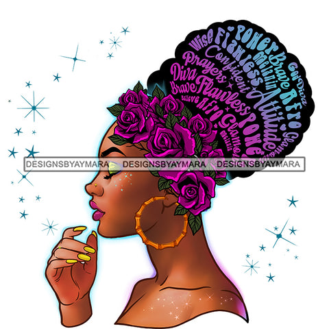 Inspirational Black Woman Purple Words In Hair Purple Flowers Headwrap Flawless Power Attitude JPG PNG Vector Clipart Cricut Silhouette Cut Cutting