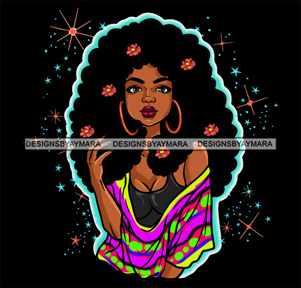 Melanin Woman Flowers Hair Sparkles Nubian Pretty African Lady Hoop Earrings SVG JPG PNG Vector Clipart Cricut Cutting Files