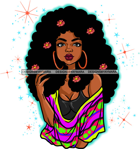 Melanin Woman Flowers Hair Sparkles Nubian Pretty African Lady Hoop Earrings SVG JPG PNG Vector Clipart Cricut Cutting Files