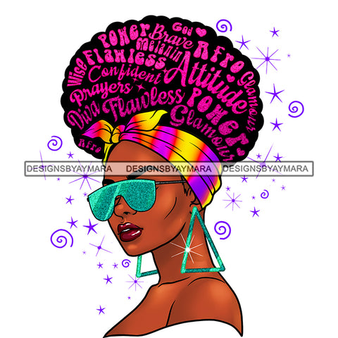 Inspirational Black Woman Pink Words In Hair Headwrap Flawless Power Attitude JPG PNG Vector Clipart Cricut Silhouette Cut Cutting