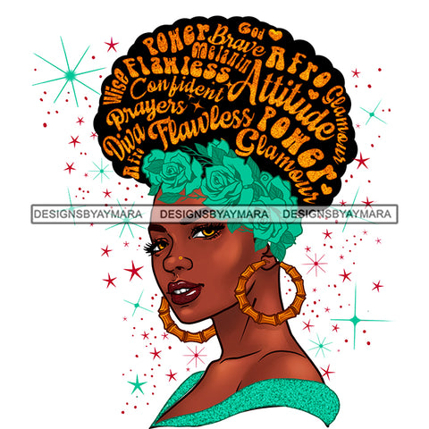 Inspirational Black Woman Gold Words In Hair Green Flowers Headwrap Flawless Power Attitude JPG PNG Vector Clipart Cricut Silhouette Cut Cutting
