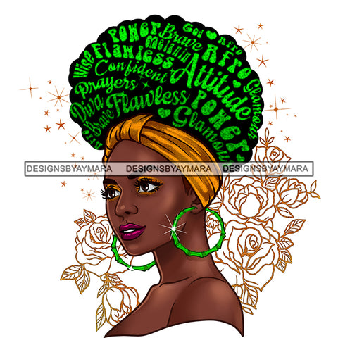 Inspirational Black Woman Green Words In Hair Gold Headwrap Flawless Power Attitude JPG PNG Vector Clipart Cricut Silhouette Cut Cutting