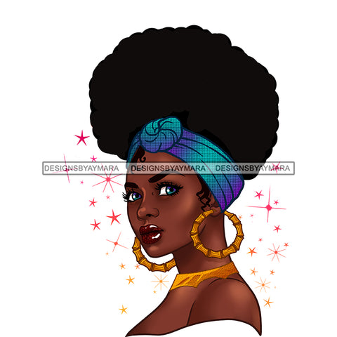 Beautiful Black Queen With Afro Bun  Blue Headwrap SVG JPG PNG Vector Clipart Cricut Silhouette Cut Cutting
