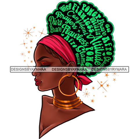 Inspirational Black Woman Green Words In Hair Pink Headwrap Flawless Power Attitude JPG PNG Vector Clipart Cricut Silhouette Cut Cutting