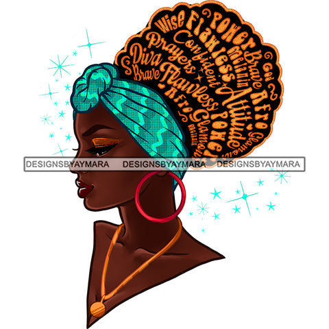 Inspirational Black Woman Gold Words In Hair Turquoise Headwrap Flawless Power Attitude JPG PNG Vector Clipart Cricut Silhouette Cut Cutting