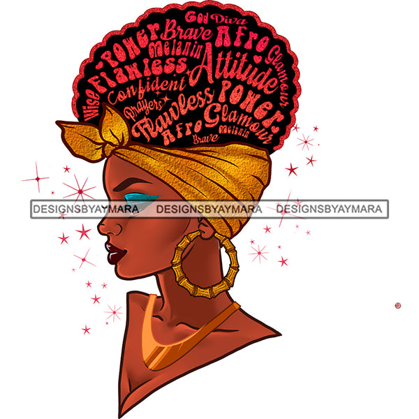 Inspirational Black Woman Pink Words In Hair Gold Headwrap Flawless Power Attitude JPG PNG Vector Clipart Cricut Silhouette Cut Cutting