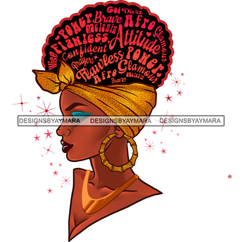 Inspirational Black Woman Pink Words In Hair Gold Headwrap Flawless Power Attitude JPG PNG Vector Clipart Cricut Silhouette Cut Cutting