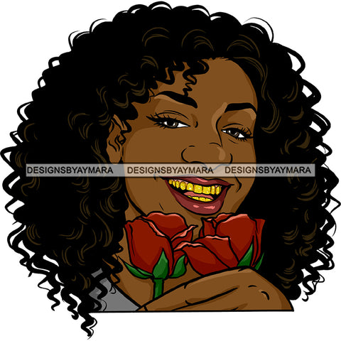 Afro Black Woman With Red Roses Long Curly Hair Smiling JPG PNG  Clipart Cricut Silhouette Cut Cutting