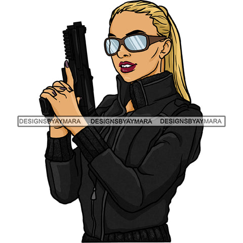 Gangster Gangsta Blonde Caucasian White Woman Sunglasses Gun Black Jacket JPG PNG  Clipart Cricut Silhouette Cut Cutting