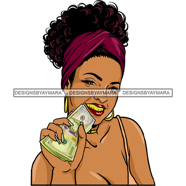 White Woman Caucasian Lady Cash Dollar Bills Holding Money Purple Headwrap JPG PNG  Clipart Cricut Silhouette Cut Cutting