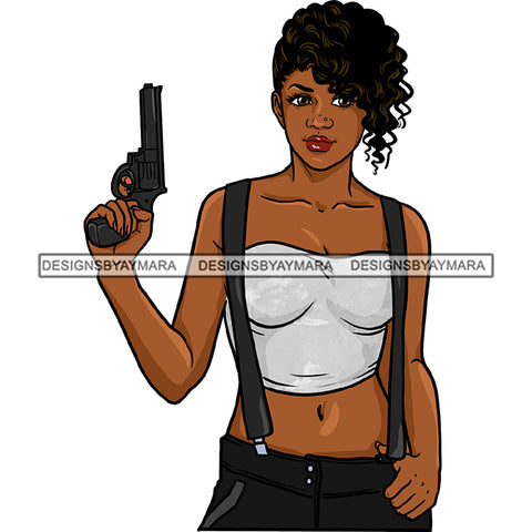 Gangster Gangsta Afro Black Woman With Black Gun Curly Hair Suspenders JPG PNG  Clipart Cricut Silhouette Cut Cutting