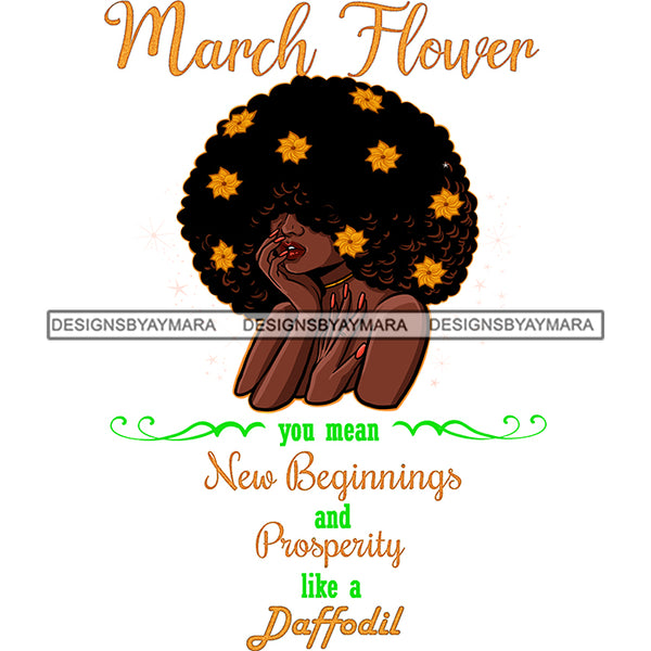 March Flower Big Afro Hair Woman With Yellow Flowers  JPG PNG  Clipart Cricut Silhouette Cut Cutting