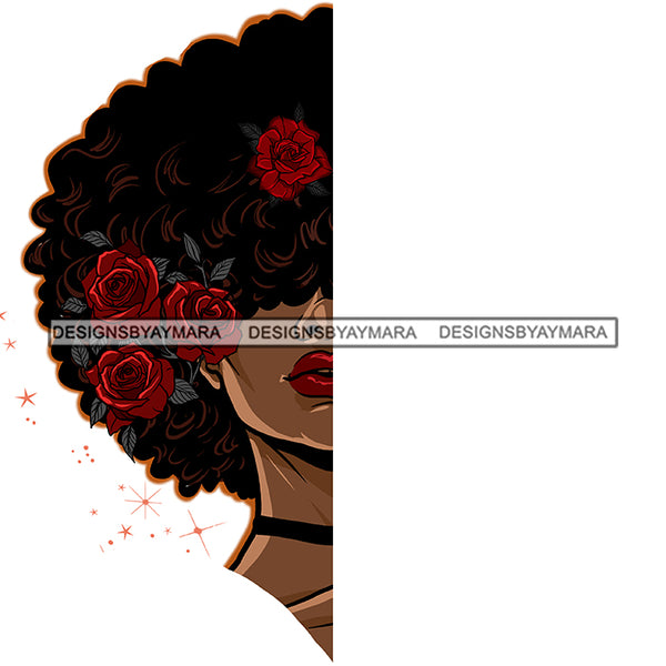 Half Face Red Roses Big Afro Hair Woman JPG PNG  Clipart Cricut Silhouette Cut Cutting