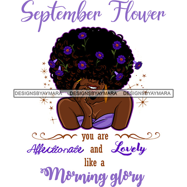 September Flower Afro Hair Woman Morning Glory Purple Flowers JPG PNG  Clipart Cricut Silhouette Cut Cutting
