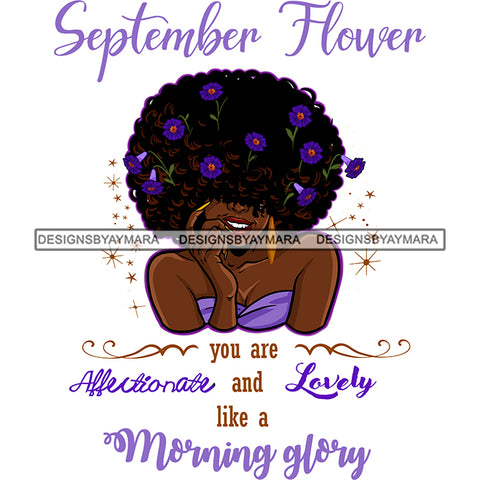 September Flower Afro Hair Woman Morning Glory Purple Flowers JPG PNG  Clipart Cricut Silhouette Cut Cutting