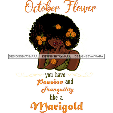 October Flower Big Afro Hair Woman Marigold Flowers In Hair JPG PNG  Clipart Cricut Silhouette Cut Cutting