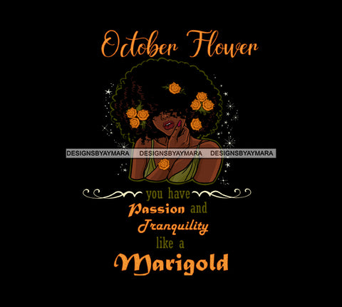 October Flower Ladies Lady Afro Hair Black Afro Woman Big Afro Marigold Flowers JPG PNG  Clipart Cricut Silhouette Cut Cutting