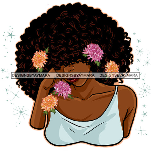 Big Afro Hair Woman Pink and Yellow Flowers In Hair JPG PNG  Clipart Cricut Silhouette Cut Cutting