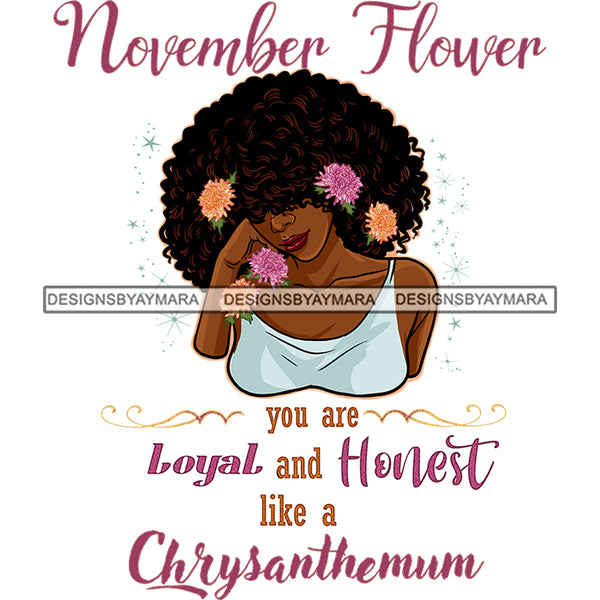 November Flower Big Afro Hair Woman Pink and Yellow Flowers In Hair JPG PNG  Clipart Cricut Silhouette Cut Cutting
