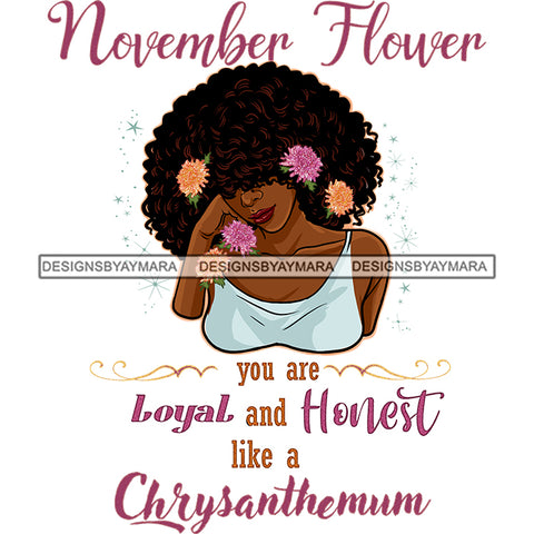 November Flower Big Afro Hair Woman Pink and Yellow Flowers In Hair JPG PNG  Clipart Cricut Silhouette Cut Cutting