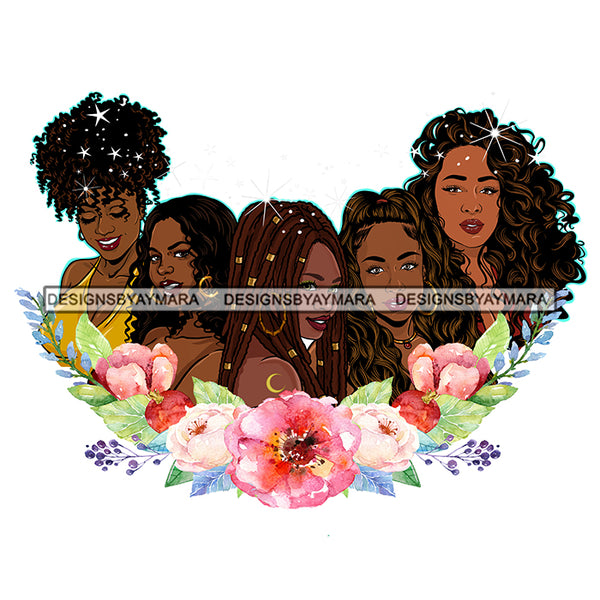 Friends Sisters Ladies Black With Beautiful Pink Flowers Afro Women  JPG PNG  Clipart Cricut Silhouette Cut Cutting