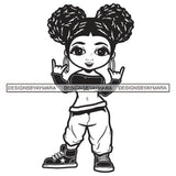 Little Baby Stylish Curly Hairs Girl Smiling Kid Child Standing Wearing Blouse Pant Sneakers Makeup Jewelry Earrings Hair Black And White SVG JPG PNG Vector Clipart Cricut Silhouette Cut Cutting