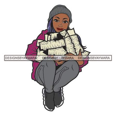 Smiling Woman Holding Cash Money Stacks Stack Sitting Wearing Pant Shirt Blue Hairs Hair Lipstick SVG JPG PNG Vector Clipart Cricut Silhouette Cut Cutting