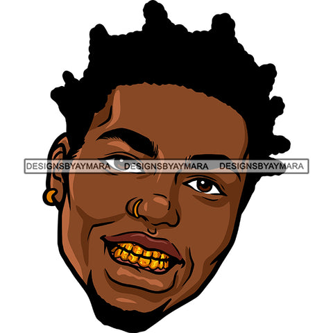 Black Curly Hairs Man Beard Face Golden Gold Teeth Earrings Nose Pin Hair Nubian African American Boy SVG JPG PNG Vector Clipart Cricut Silhouette Cut Cutting