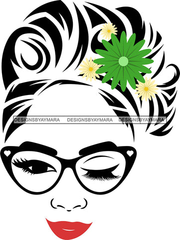Transparent Face Black Glasses Red Lips Green Flower SVG JPG PNG Vector Clipart Cricut Silhouette Cut Cutting1Words I